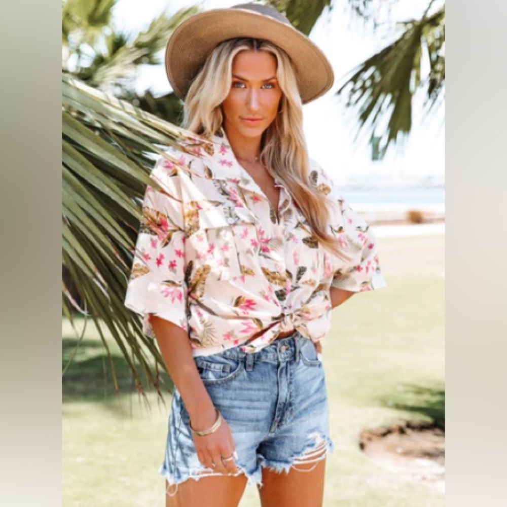 Island Linen Blend Floral Button Down Top